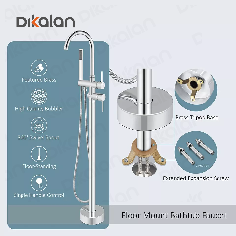 DIKALAN Floor Mount Bathtub Faucet Freestanding Tub Filler Matte Black Standing High Flow Shower Faucets with Handheld Shower